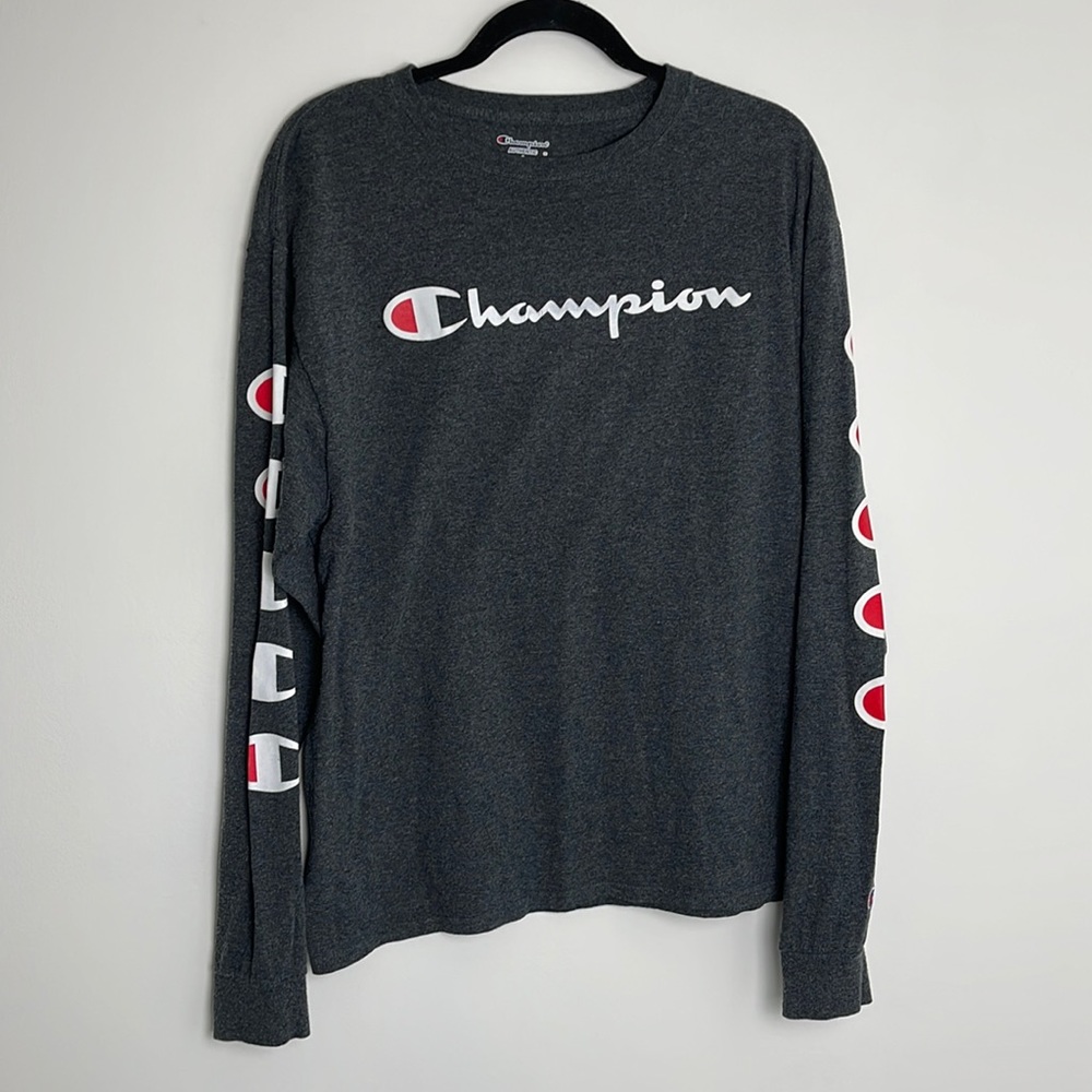 Champion Shirt  Black White Script Logo Authentic Long Sleeve Casual Size Large